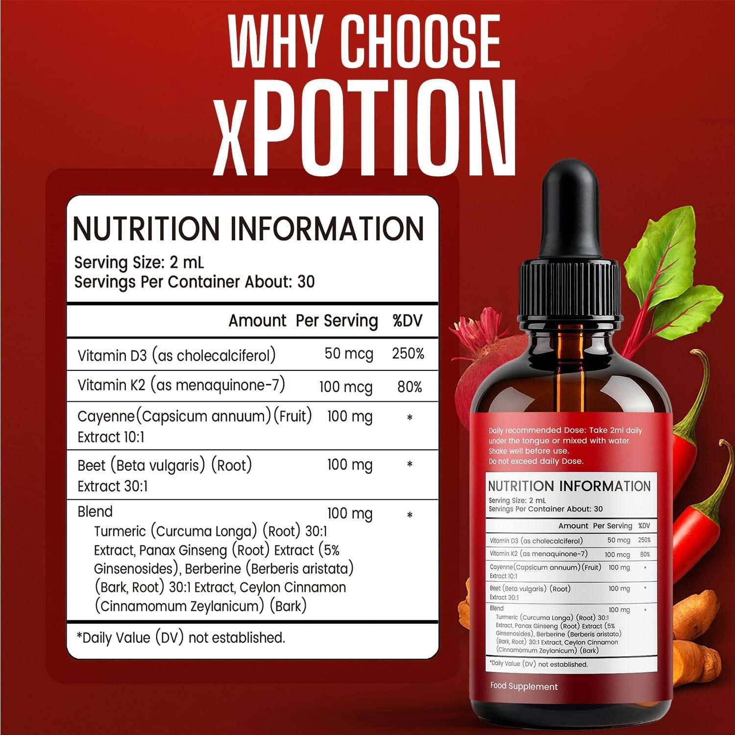 Cayenne Pepper Drops – Xpotion - Natural Liquid Extract with Beet Root, Vitamin D3 & K2 – 60Ml Herbal Supplement