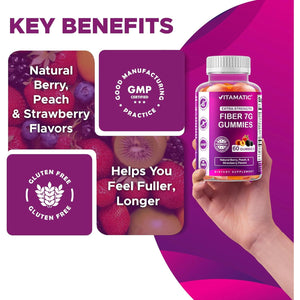 Vitamatic Prebiotic Fiber Gummies for Adults – 7G Fiber per Serving – 60 Pectin-Based Gummies Extra Strength, Zero Sugar Added – Supports Digestive Health & Regularity – Non-Gmo, Vegan, Gluten-Free