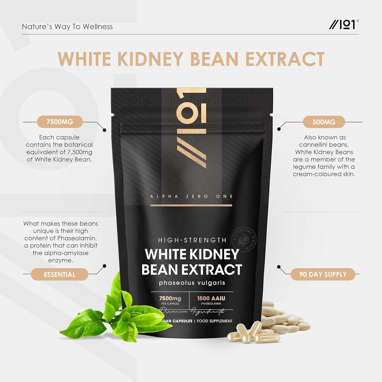 White Kidney Bean Extract 7500Mg – High Strength 1,500 AAIU Phaseolamin – 90 Vegan Capsules – Resealable and Recyclable Pouch – 3 Months Supply – by Alpha01