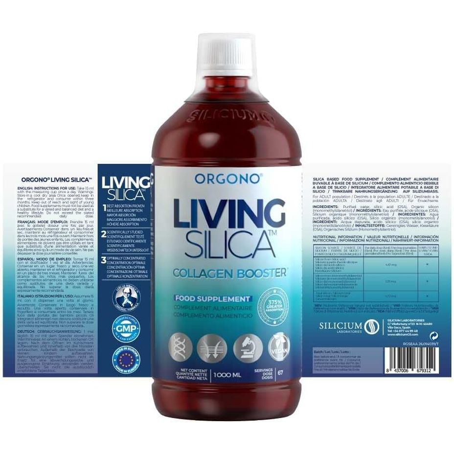 Orgono Living Silica Collagen Booster Liquid | Vegan Liquid Silica Supplement Collagen Booster | Collagen Supplement for Joints and Bones. | 67-Day Treatment. 1 Litre - 1000 Ml.