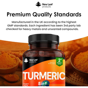 Turmeric 5-In-1 Complex - 5000Mg Turmeric Capsules High Strength Enriched with Magnesium & Glucosamine Sulphate - Added Ginger Capsules + Black Pepper, 95% Curcumin Supplement - Vegan Supplement