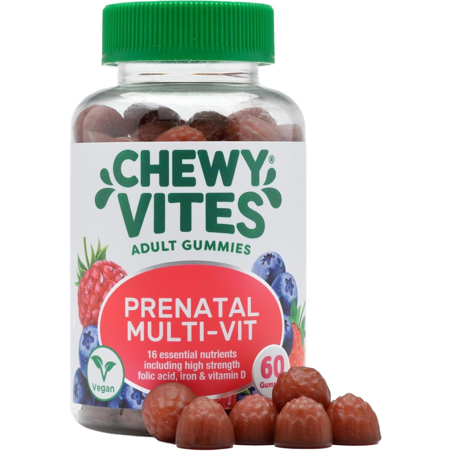 Chewy Vites Women'S Prenatal Multivitamin, 60 Multivitamin Gummies, 16 Essential Nutrients with Folic Acid, Iron and Vitamin D, 1 Month Supply, Vegan, Blueberry and Raspberry Flavour