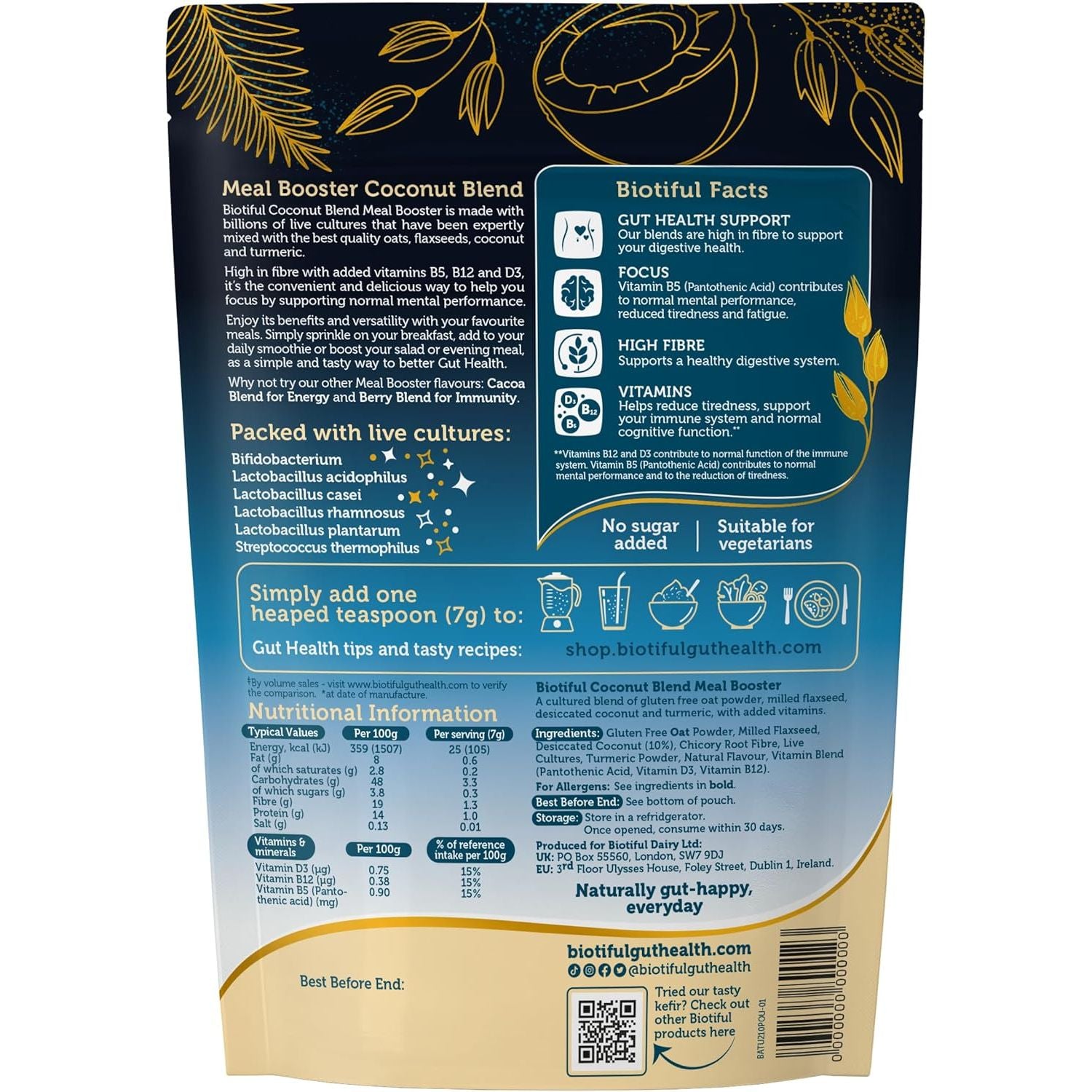 Gut Health, Super Food, Meal Booster, 34 Billion Probiotics, Prebiotic Fibre, Source of Vitamins D3 B5 B12, Greens Powder Alternative, Vegan Friendly, Gluten Free, Coconut & Turmeric, 30 Servings