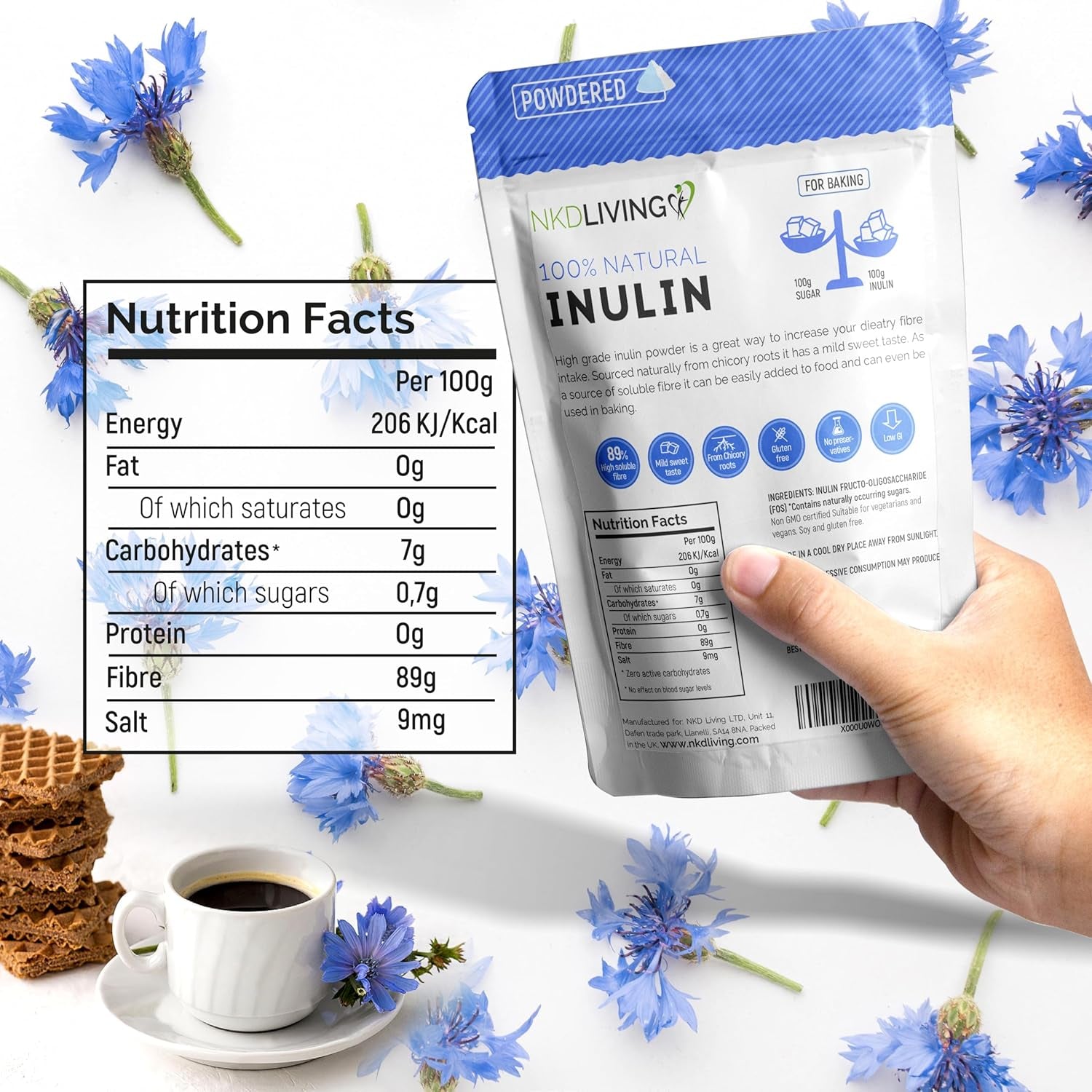 NKD Living Inulin High Grade Prebiotic Fibre Powder (1 Kg) - Manufactured in the EU - Fibre Prebiotic Supplement