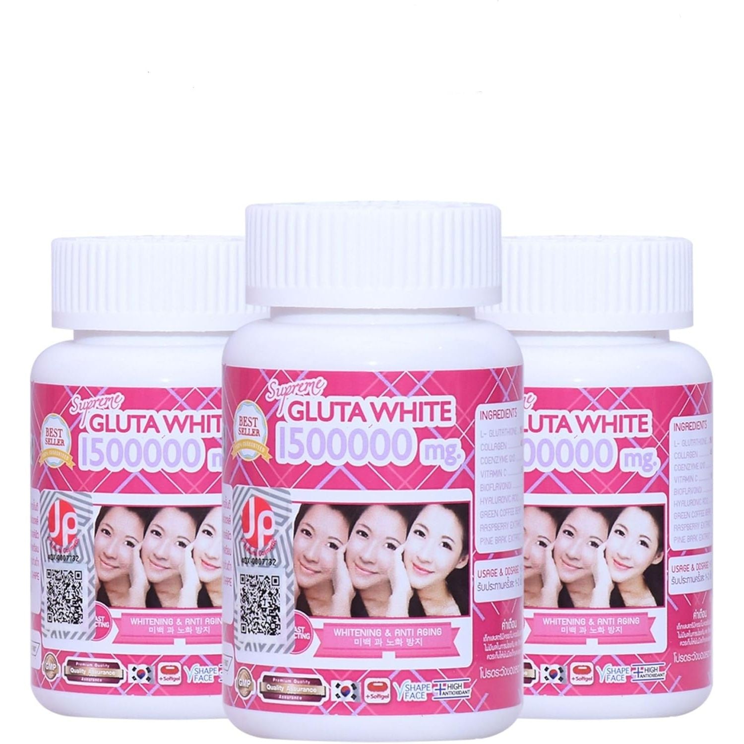 Supreme Gluta White 1500000Mg for Skin Lightening, Skin Moisturizer, Collagen Stimulator Healthy Blood Circulation | L-Glutathione 30 Softgels (Pack of 3)
