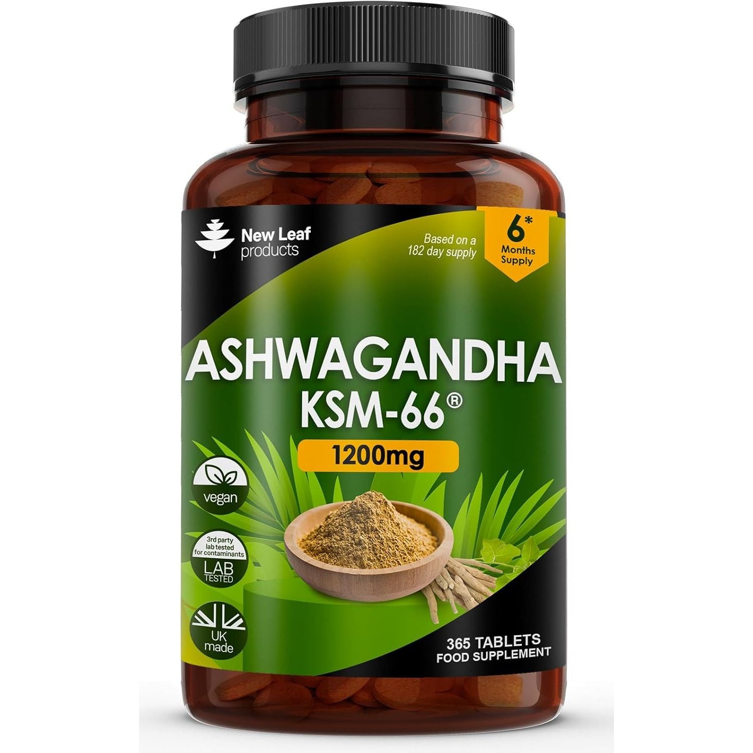 Ashwagandha KSM 66-365 (6 Months Supply) 1200Mg Vegan Tablets Pure High Strength Root Extract - Ashwagandha KSM Tablets Supplement (Not Capsules or Gummies) Non-Gmo & UK Made (6 Months Supply)
