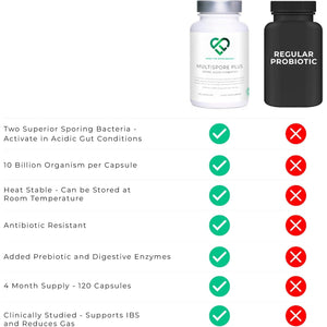 Multispore® plus Probiotics, 4 Month Supply - 120 Capsules, Bacillus Coagulans & Bacillus Subtilis Spore Based Probiotic, Bloating Relief/Gut Health, with Digestive Enzymes & Prebiotic Inulin, UK Made