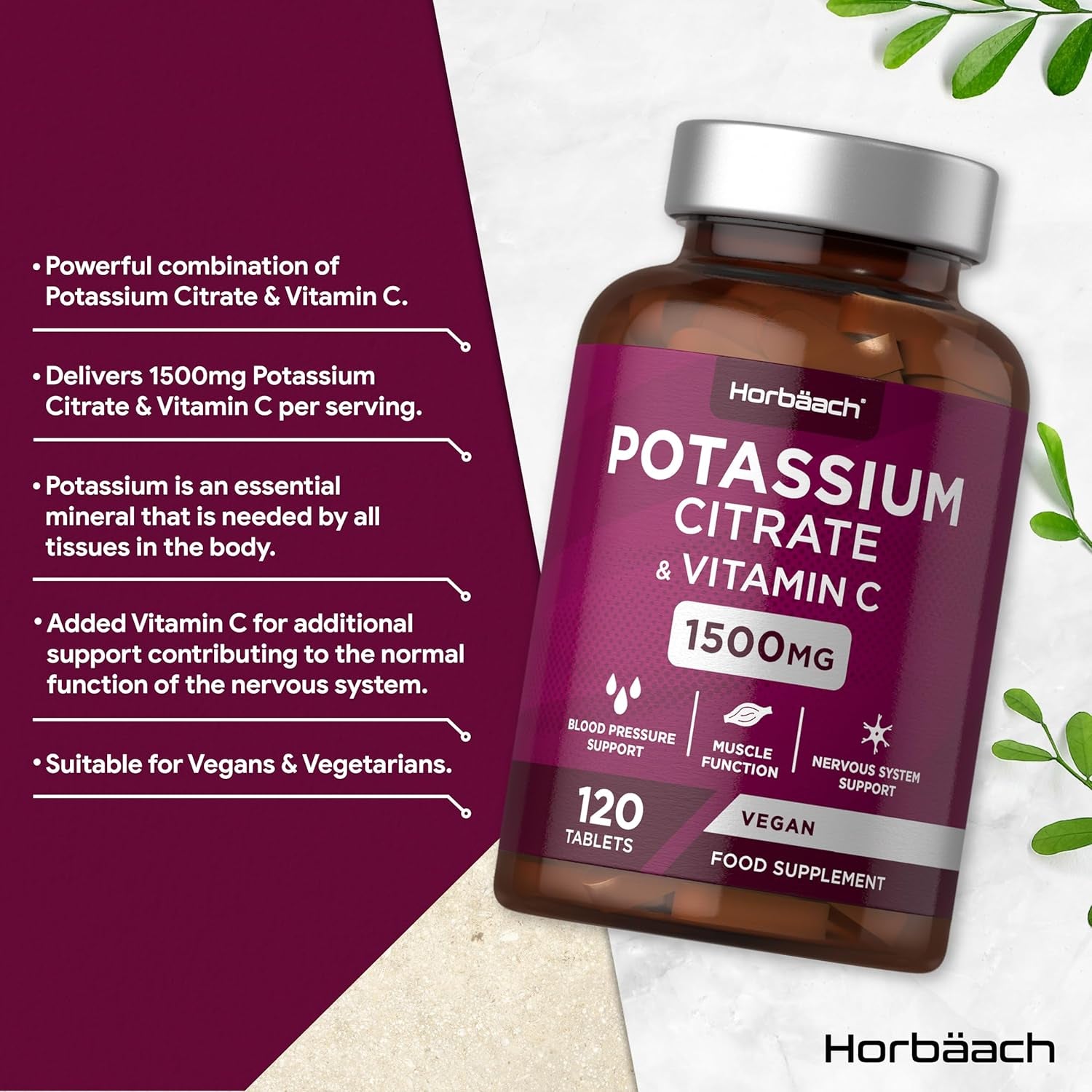 Potassium Supplement High Strength 1500Mg with Vitamin C | Electrolyte Tablets | Potassium Citrate | 120 Count | 100% Vegan | by Horbaach