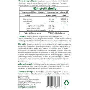 Triple Magnesium Complex 120 Vegan Capules - Malate, Bisglycinate & Taurate, Providing 375Mg Elemental Magnesium per Daily Serving - with Added Vitamin B6 by Pharmanostix
