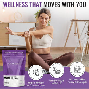 Macaroot Ultra – Maca Root Capsules 8000Mg | Peruvian Ginseng 10:1 Extract | 1.6Mg Macamides | Energy, Mood & Hormone Support | Vegan, UK Produced, Lab Tested | 90 Capsules | Activeburst Nutrition