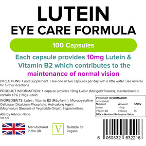 Lindens - Lutein 10Mg, 100 Capsules - UK Made - Marigold Extract with Vitamin B2 - Vision & Eye Health, Standardised Potent Extract - Letterbox Friendly - Vegan