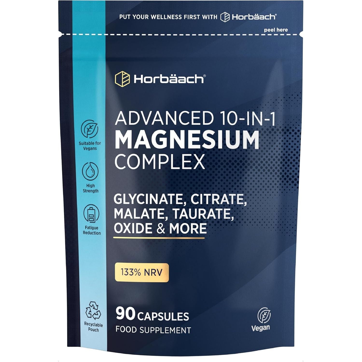 Magnesium Glycinate Complex | 500Mg Elemental Magnesium | 10-In-1 Complex | Glycinate, Citrate, Malate, Oxide, Taurate & More | 90 Vegan Capsules | by Horbaach