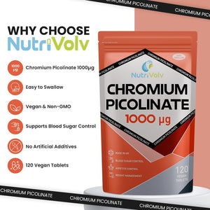 Nutrivolv Chromium Picolinate 1000Μg | High Strength 120 Tablets | Glucose Metabolism & Cravings Support | Energy & Weight Management | Vegan Supplement