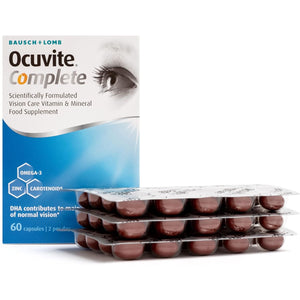 Ocuvite Complete, Eye Supplement Capsules, by Bausch + Lomb, Lutein and Zeaxanthin Supplement with DHA Omega 3 plus Zinc, Supports Normal Vision, Two Capsules per Day
