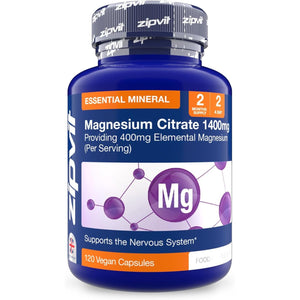 Zipvit Magnesium Citrate 1400Mg, Provides 400Mg Elemental Magnesium, Highly Absorbable for Bone, Muscle & Energy Support. 120 Vegan Capsules, 2 a Day, 2 Months Supply.