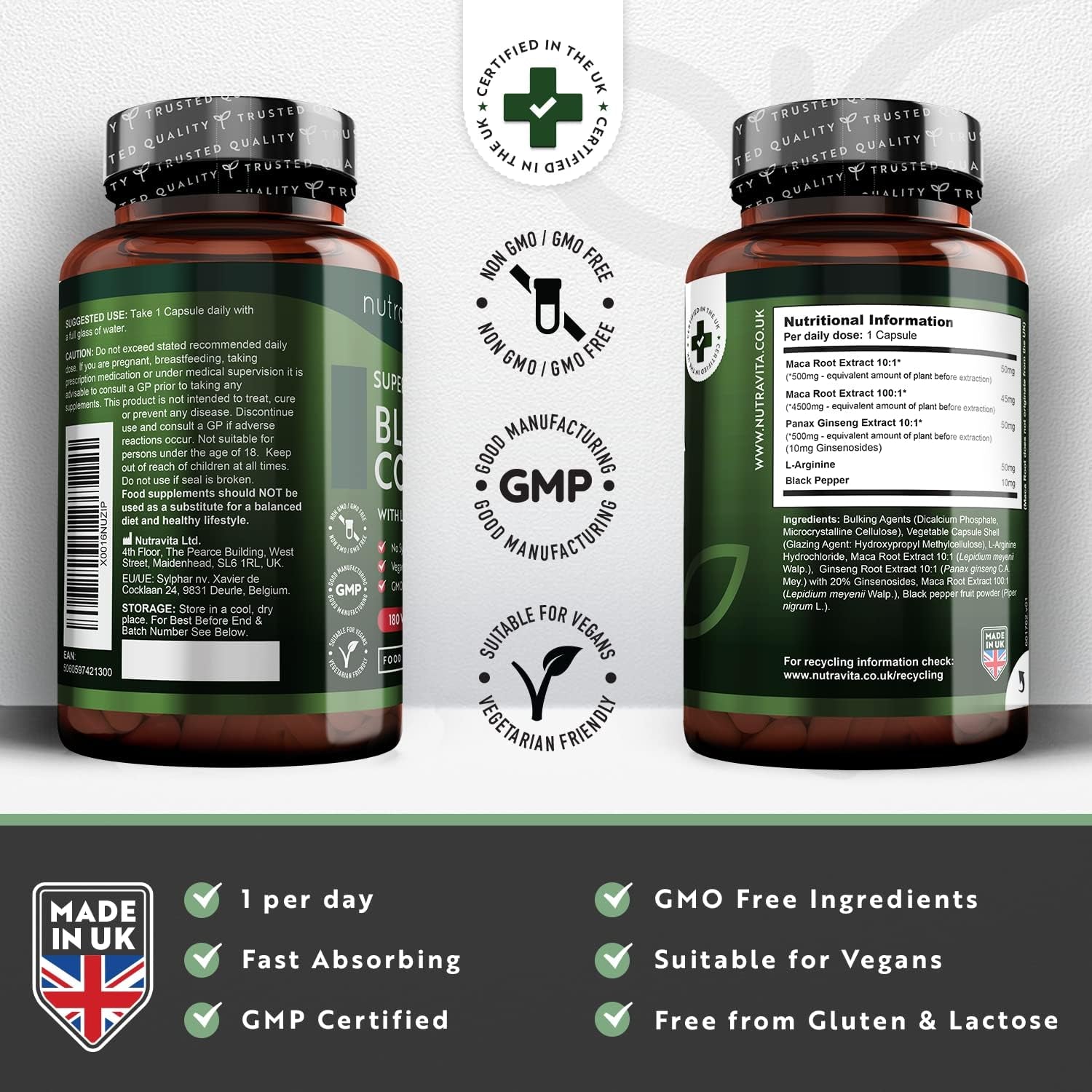 Maca Root Capsules 5000Mg (High Strength) – 180 Vegan Black (6 Month Supply) Not Tablets 100% Peruvian with L-Arginine, Panax Ginseng & Pepper Made in UK by Nutravita