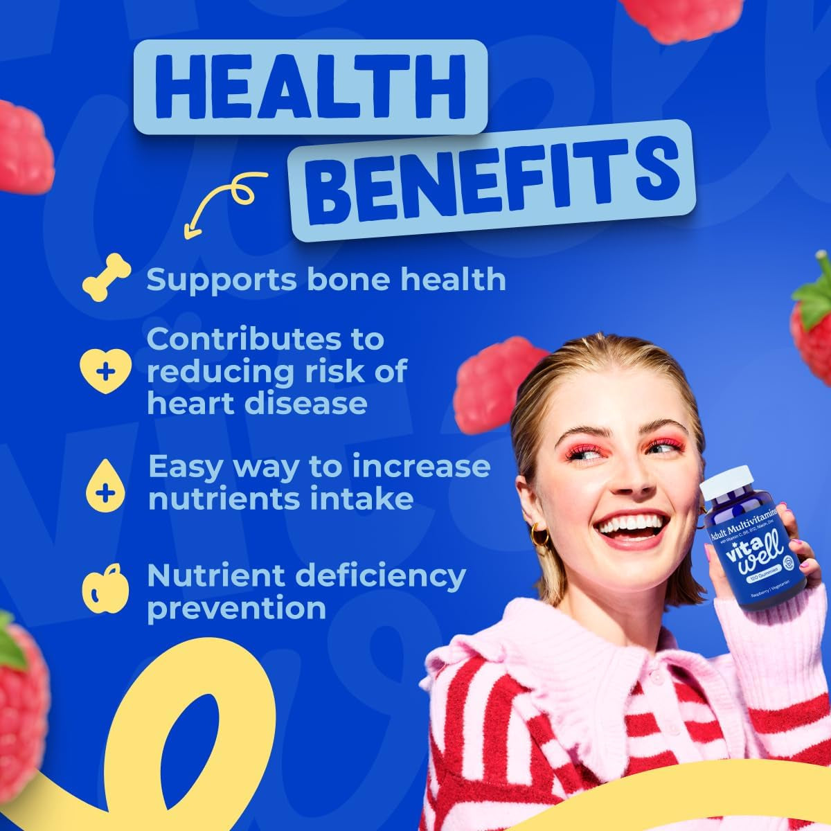 Vitawell Adult Multivitamin Gummies - 120 Raspberry Flavour Gummies (2 Month Supply) | Complex Vitamin D Formula | Chewable Multivitamins for Men & Women | Immune Support | 10 Essential Adult Vitamin