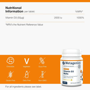 Metagenics Vitamin D3 2000Iu Chewable Lemon Melts - Adults & Children over 6 - Immune Support, Normal Bones, Muscle Function - 120 Tablets