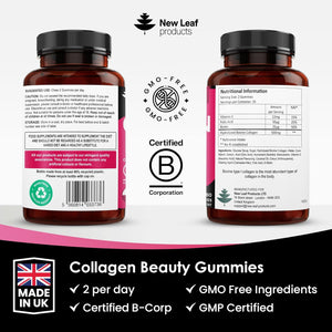 Collagen Gummies - High Strength Type L Bovine Collagan Beauty Supplement - Advanced Superior Type 1 Hydrolysed Collagen Peptides - Added Biotin, Vitamin C & Folic - 60 Gummies