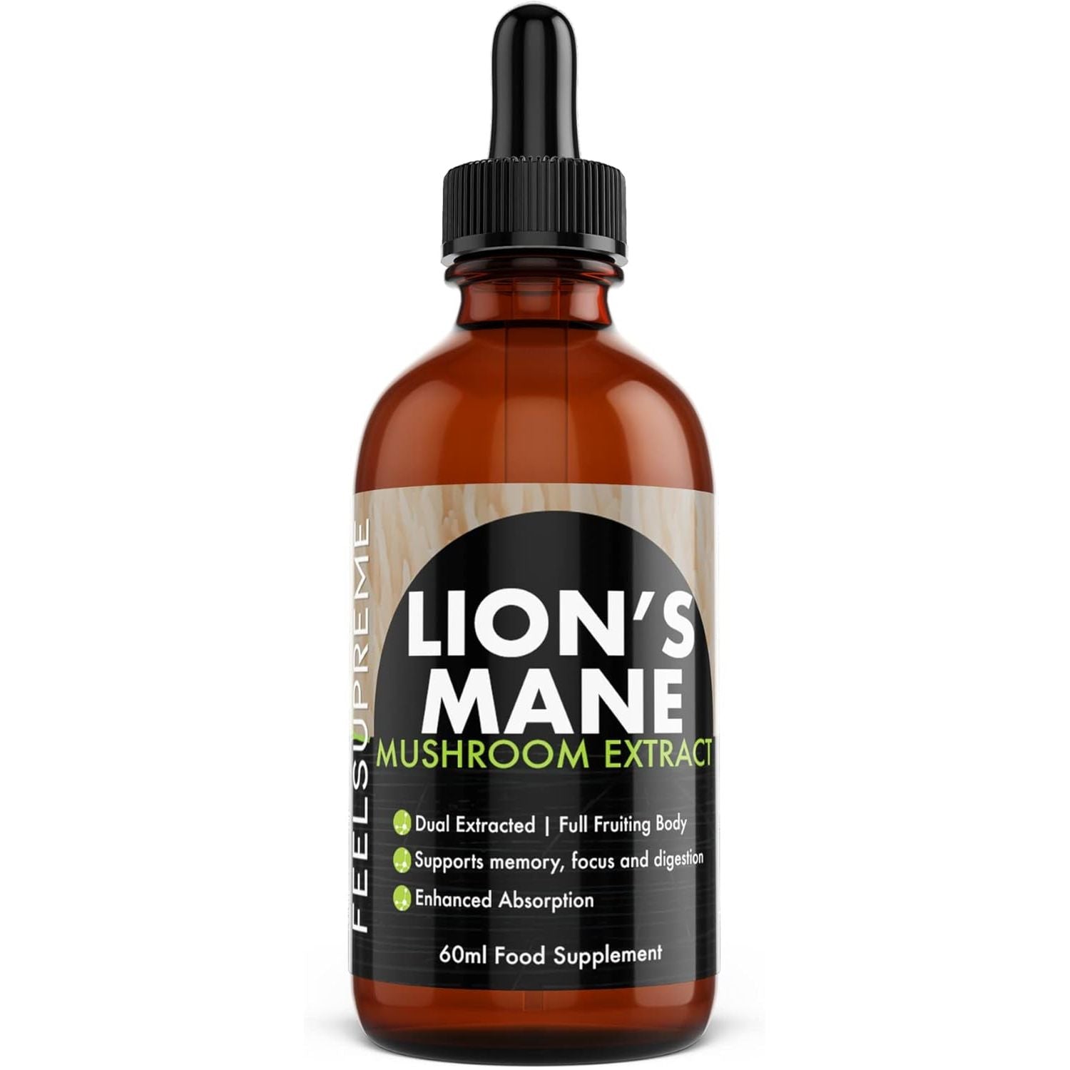 Feel Supreme - Lions Mane Supplement High Strength Mushroom Extract - Liquid Drops, 10:1 - Whole Fruiting Body - Brain Booster Supplements, Mushroom Supplement, Lions Mane Drops - 60Ml