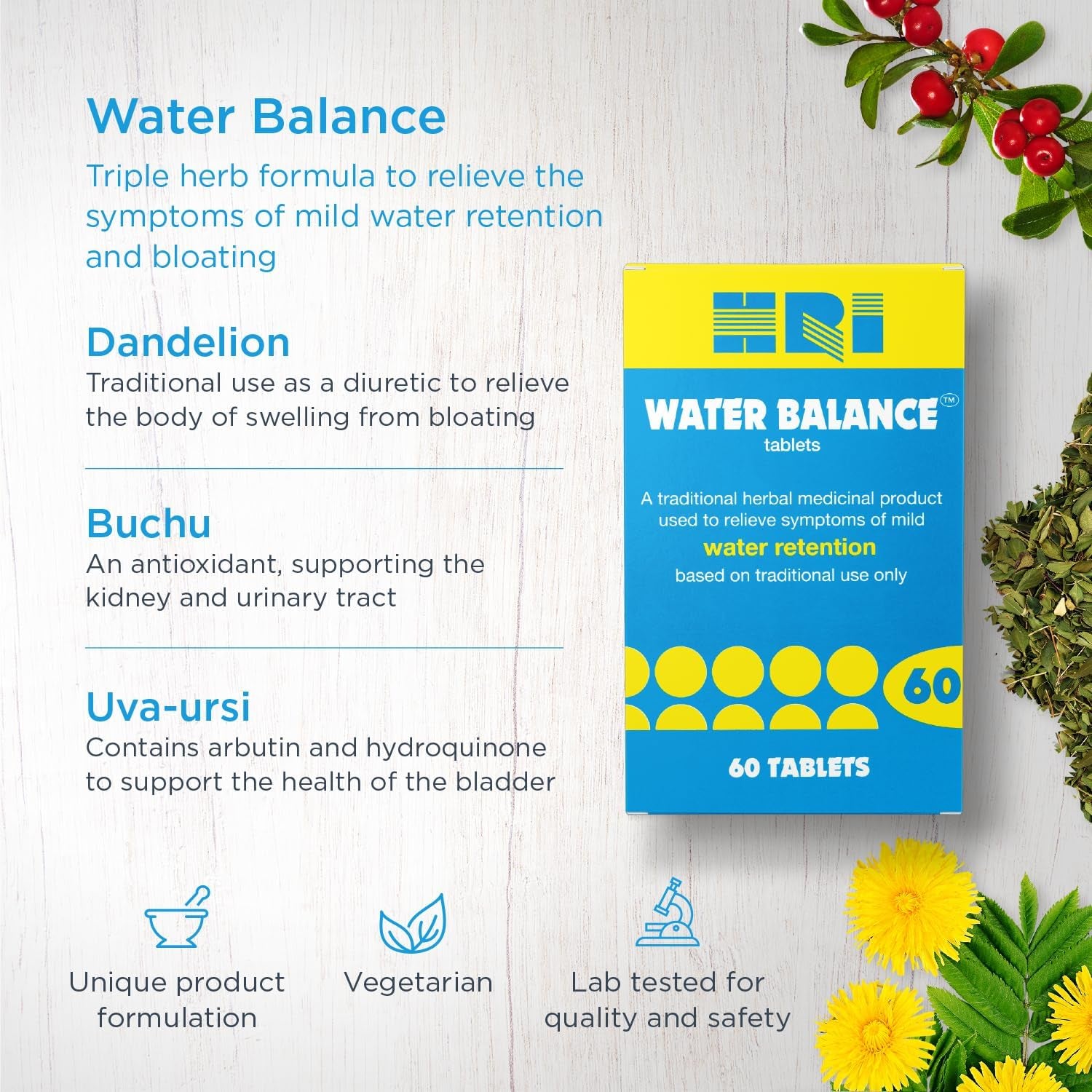 HRI Water Balance 100 Tablets - to Relieve Symptoms of Mild Water Retention. with Dandelion Root, Uva Ursi and Buchu Leaf Extract. 1 Pack