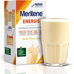 Meritene Energis Vanilla Protein Shake | 30G Powder Sachets, Pack of 15 | Nutritional Support Mix with Proteins and Minerals | with Vitamin D, B & K