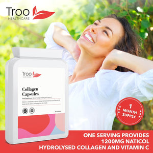 Troo Health Troo Marine Collagen Supplement - 60 High Strength Capsules 1200Mg Serving - Hydrolysed Marine Collagen Peptides with Vitamin C to Support Healthy Skin - UK Manufactured to GMP Standards