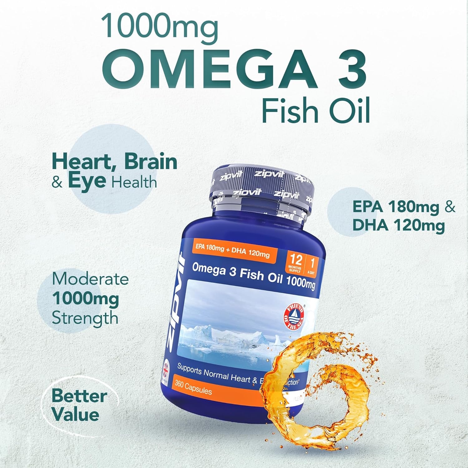 Omega 3 Fish Oil 1000Mg, 360 Softgel Capsules. 12 Months Supply. EPA 180Mg DHA 120Mg. Supports Heart, Brain Function and Eye Health.