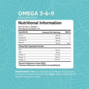 Omega 3 6 9 Triple Strength Fish Oil + Flaxseed Oil & Sunflower Oil - EPA & DHA - High Strength 1000Mg - Made in the UK - Omega369 in One Softgel by Nutrizing - Potent Essential Fatty Acids