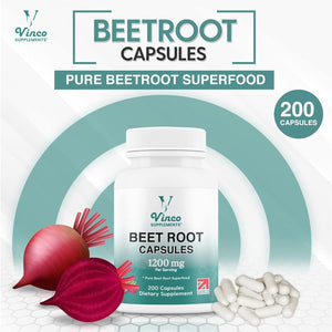 Vinco Beetroot Capsules - 1200Mg Organic Beetroot Powder per Serving - Uk-Made, Non-Gmo, Gluten-Free, Vegan Food Beet Root Supplements - Support Blood Pressure, Digestion, Immune System - 200 Capsules