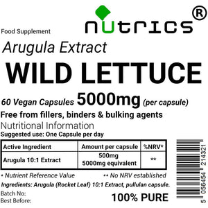 Nutrics® Wild Lettuce ARUGULA Extract 5000Mg (Per Capsule) X 60 V Capsules - 10:1 Extract - Ten Times Stronger (2 Months Supply) Vegan Vegetarian Dietary Supplement