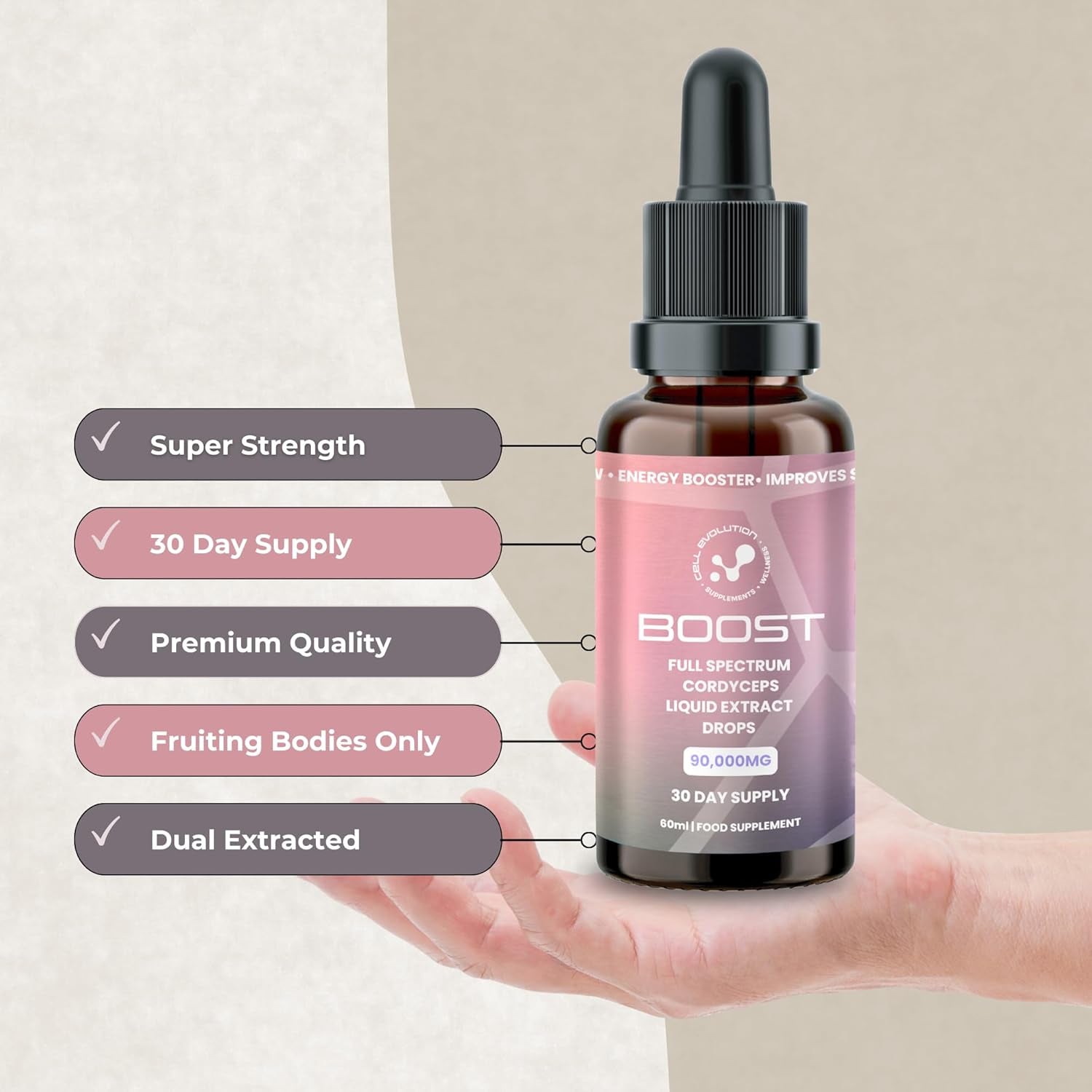 Cell Evolution Cordyceps Full Spectrum Liquid Mushroom Drops Supplement, Super Strength 90,000Mg (15:1), Energy Booster & Improves Performance, Natural & Suitable for Vegans & Vegetarians