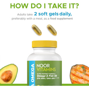 Halal Fish Oil, Halal Vitamins, Fish Oil Halal by Noor Vitamins, Ultra Omega 3 Wild Peruvian Fish Oil (800 Mg EPA & 400 Mg DHA) Heart, Brain & Joint Support, Non-Gmo & Gluten Free (120 Count)