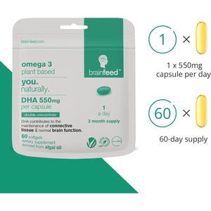 Omega 3 DHA 550Mg per Capsule for Brain & Eye Health (60) | 1-A-Day | Vegan Omega 3 Algae Oil | High DHA Supplements | Double Concentrated Algae Omega 3 Vegan DHA | 2 Month Supply