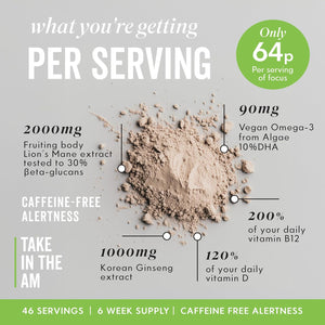 Grass & Co. | Focus Lion’S Mane Nootropic Powder | 2000Mg Lion’S Mane, 1000Mg Ginseng & Vegan Omega-3 | Brain Boost, Memory & Caffeine-Free Alertness | 46 Servings