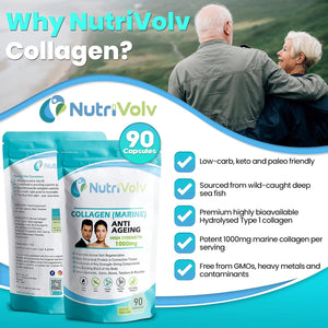 Nutrivolv Collagen Marine 1000Mg Supplement | Anti-Ageing Support for Skin, Joints, Bones, Muscles & Tissue Health | 90 Capsules | Boosts Skin Elasticity & Joint Mobility