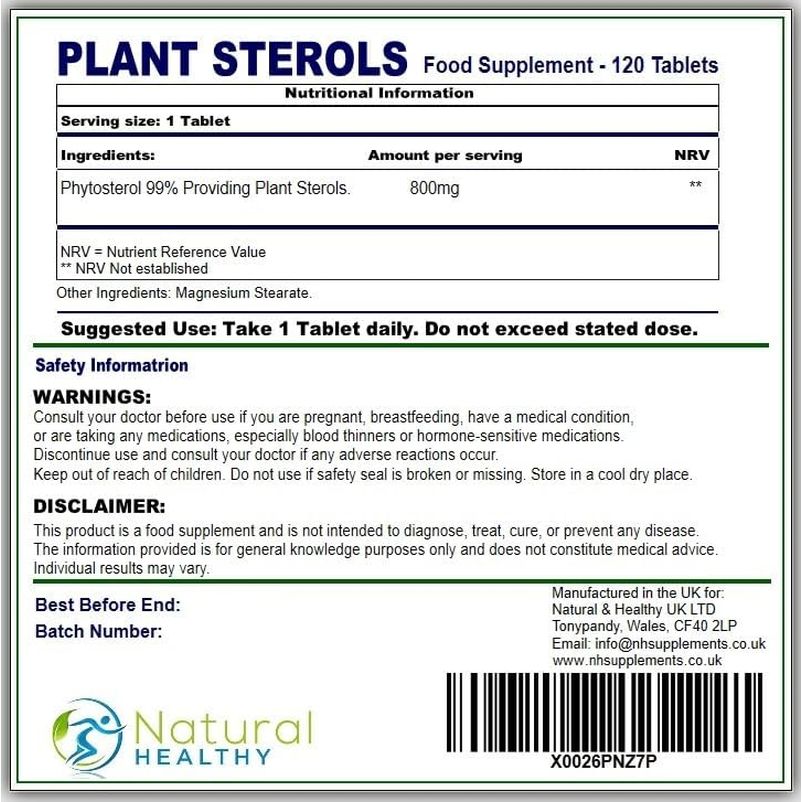 Plant Sterols 800Mg 120 Tablets - Support Healthy Cholesterol Levels