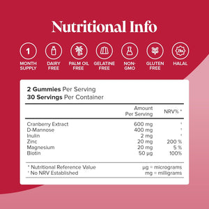Cranberry & D Mannose Gummies - Urinary Tract Health & Bladder Control - Vegan - Alternative to Cranberry Tablets, Juice, or D Mannose Powder - Inulin, Magnesium - 60 Gummies - Novomins