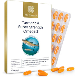 Healthspan Turmeric & Omega 3 | 60 Capsules | Added Vitamin C & Vitamin D3 | Heart, Joint & Bone Health | Sustainably Sourced