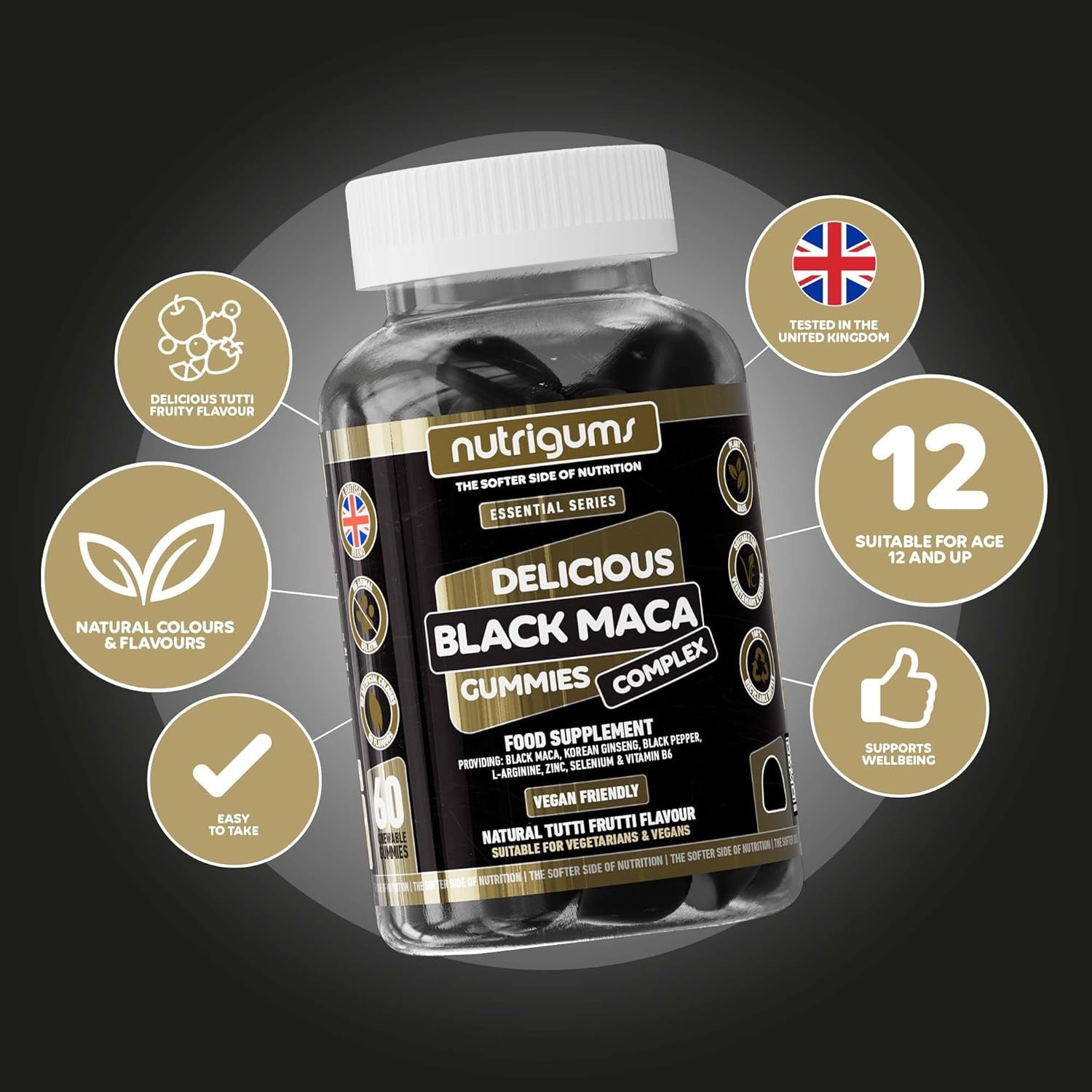 Maca Root 2000Mg Gummy | Tutti Frutti Flavour | 60 Vegan Gummies | Black Maca, Korean Ginseng, L-Arginine, Black Pepper, B6, Zinc & Selenium | High Strength | for Energy & Performance by NUTRIGUMS®