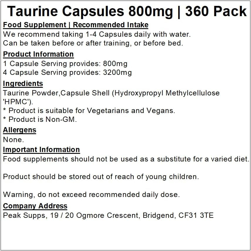 Taurine Capsules 800Mg - 360 Pack | Pure No Fillers | 3Rd Party Tested | Vegan