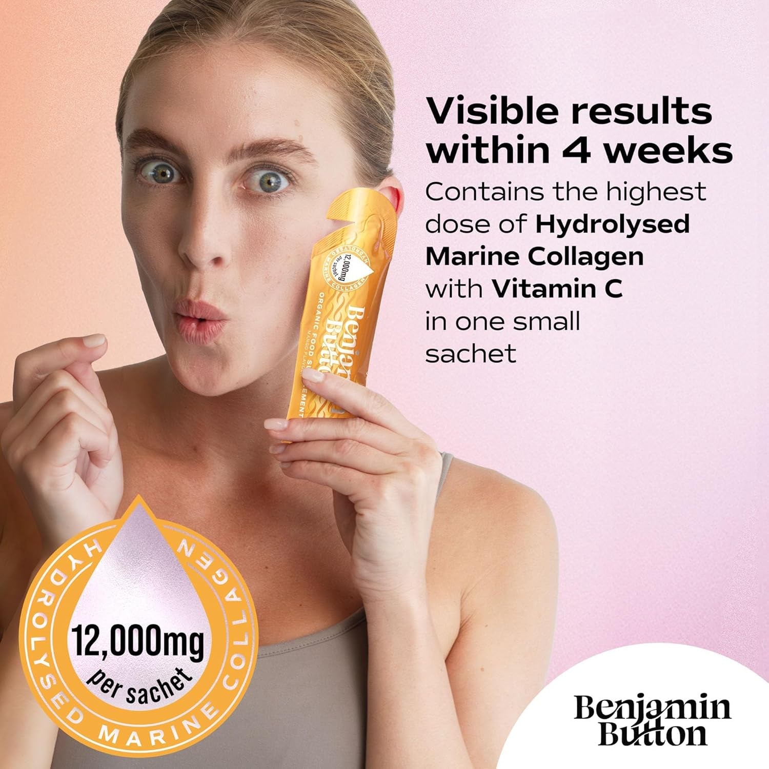 Benjamin Button Marine Collagen Liquid Sachet W/Hyaluronic Acid & Vitamin C | for Hair, Skin, Nails & Joints | 12,000Mg High Strength Hydrolysed Collagen (Mango, 14X Sachets)