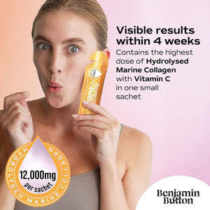 Benjamin Button Marine Collagen Liquid Sachet W/Hyaluronic Acid & Vitamin C | for Hair, Skin, Nails & Joints | 12,000Mg High Strength Hydrolysed Collagen (Mango, 14X Sachets)