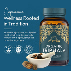 Ayurvediq Wellness Organic Triphala Capsules 120, 500Mg – Natural Pure Triphala Powder Organic Capsules for Immunity, Digestion, Wellbeing – Soil Association Certified - Vegan Ayurveda Supplements