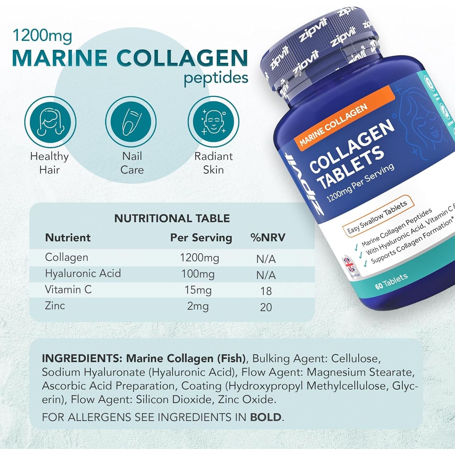Zipvit Marine Collagen 1200Mg Tablets with Hyaluronic Acid, Vitamin C, and Zinc. High Strength Type 1 Collagen for Men and Women, Supports Hair, Skin, and Nails, 60 Tablets, 1 Month Supply