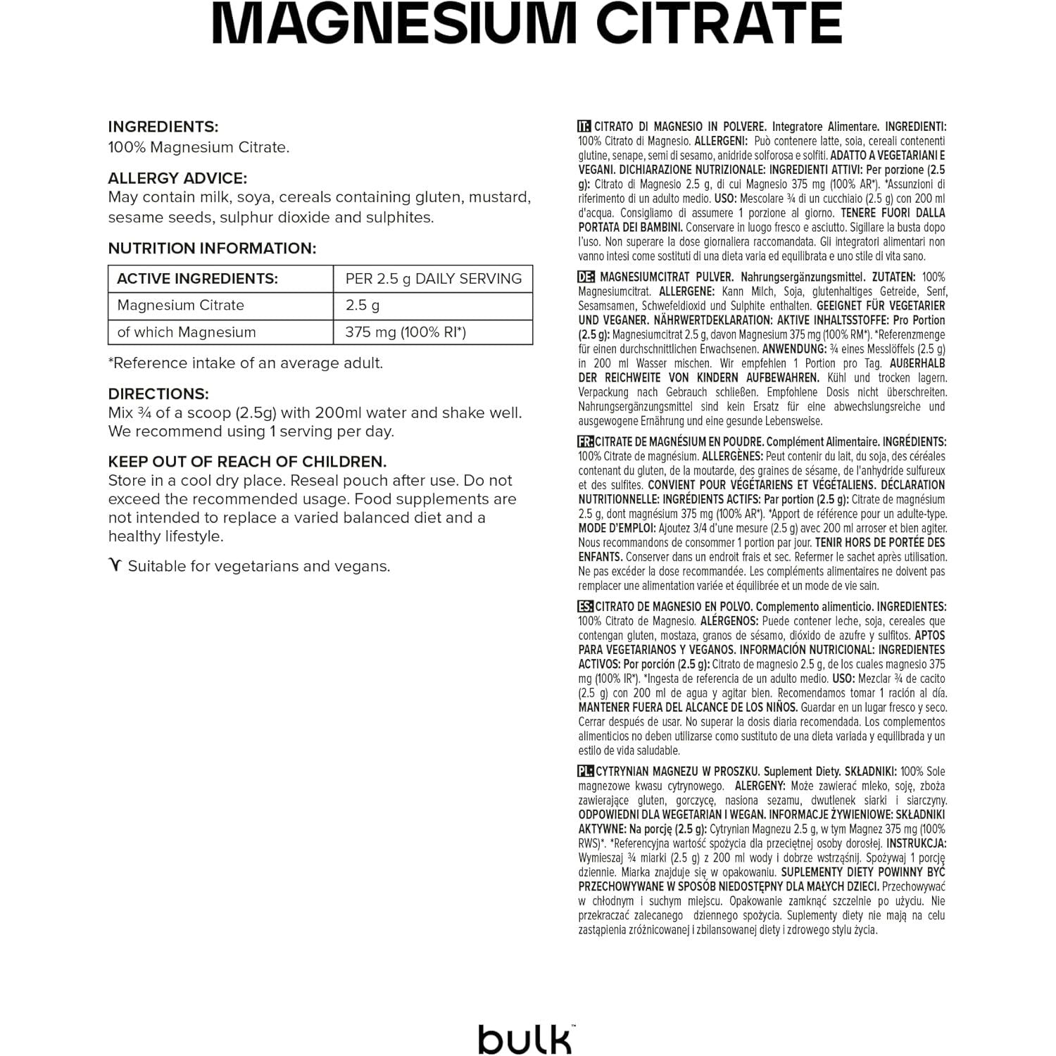 Bulk Magnesium Citrate Powder, Reduces Tiredness and Fatigue, 100 G