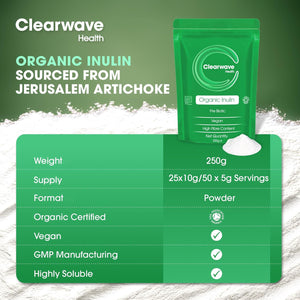Organic Inulin Powder | 250G | Prebiotic Fibre Supplement | Soluble Fibre Powder for Gut Health & Digestion | by Clearwave Health