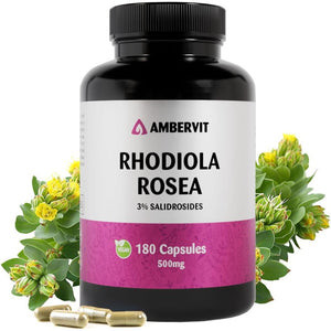 Rhodiola Rosea Capsules 500Mg - 180 Caps. - 3% Salidrosides - Premium Root Extract - High Strength - 6 Months Supply | Ambervit