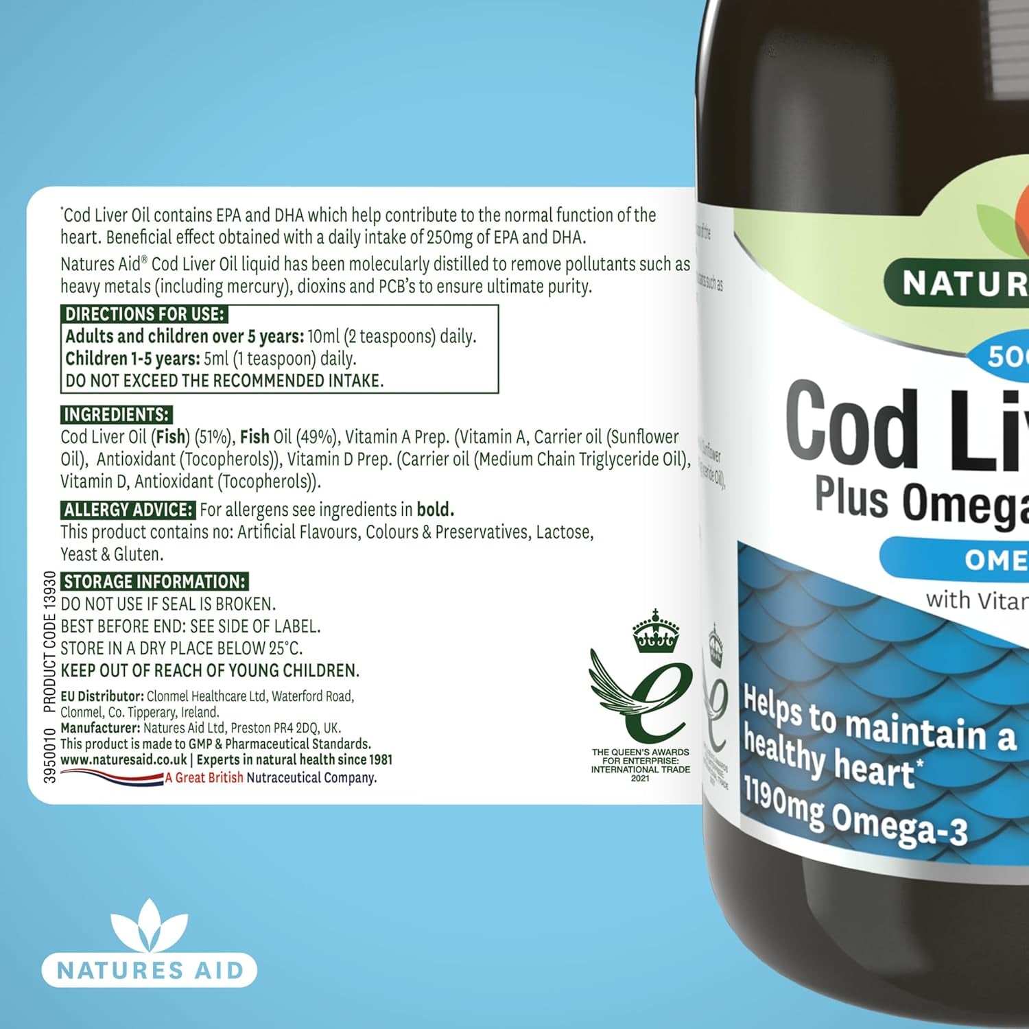 Natures Aid Cod Liver Oil Liquid 500Ml - High Strength Omega-3 Fish Oil with Vitamins a & D - Supports Immune System Heart Health Brain Function and Vision - Non-Gmo - Purity Guaranteed