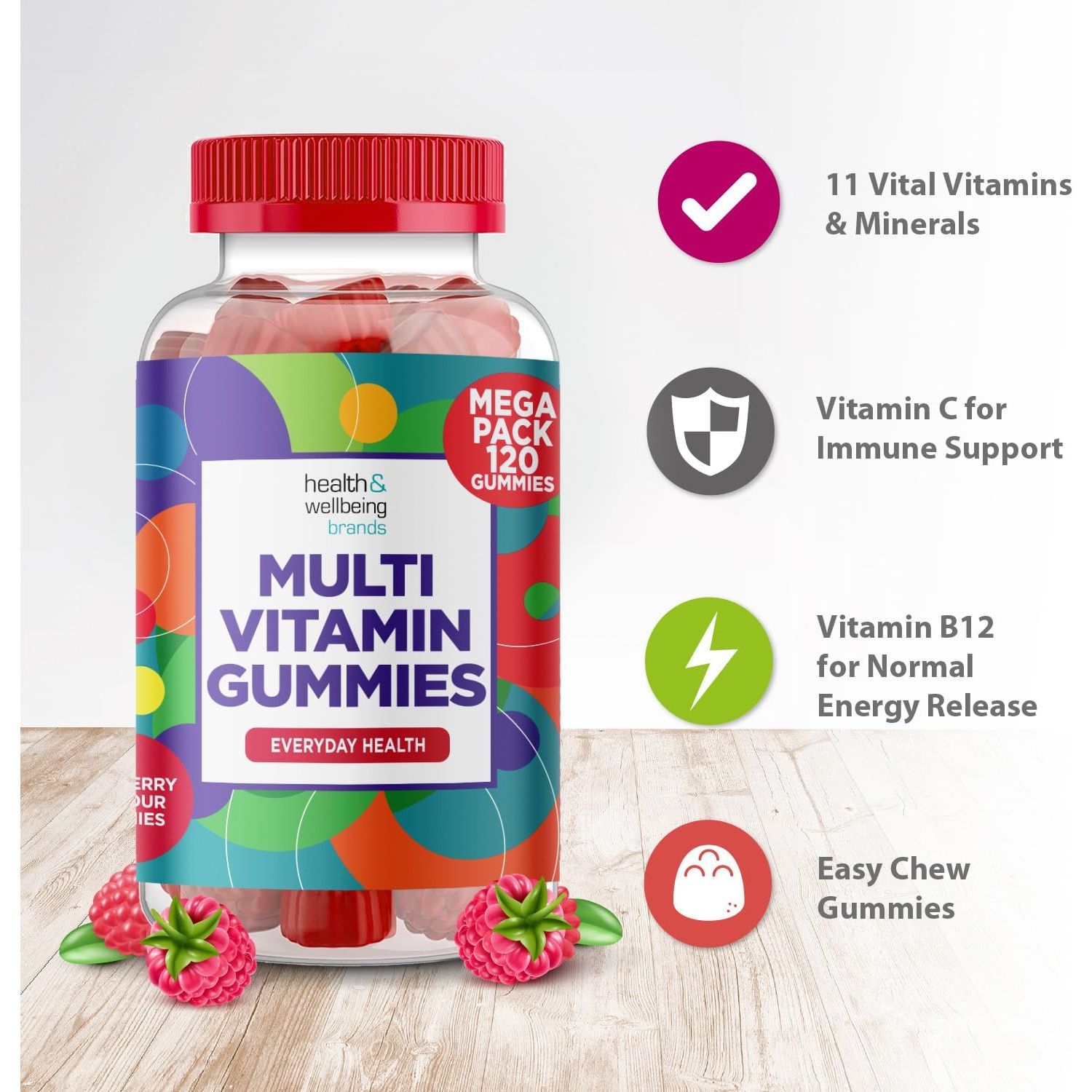 Multivitamin 120 Gummies (4 Months Supply) -Raspberry Flavour Adult Gummies with 11 Vital Vitamins & Minerals - High Strenght- Vitamin D, Zinc, Vitamin C + B - Health + Immune Support
